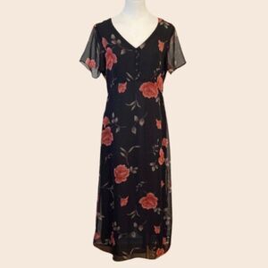 Vintage 90's Kathie Lee Black Rose Print Midi Dress Size 8